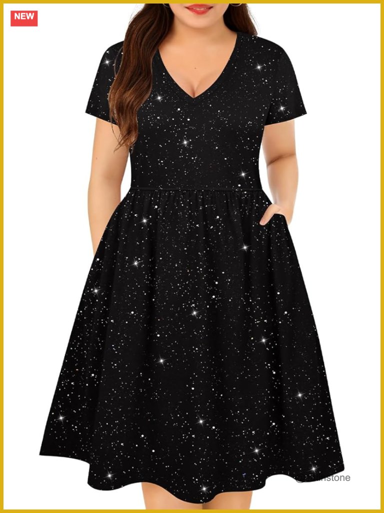 Plus Size Short Sleeve V-Neck A-Line Dress With Pockets